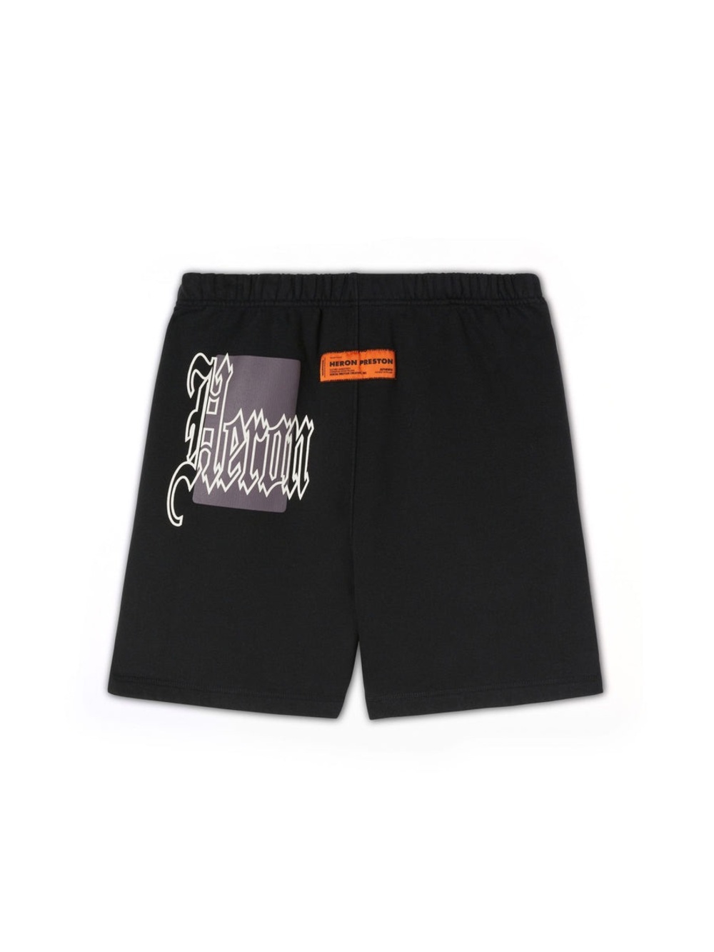 Heron Preston Black Shorts with White Gothic Logo and Orange Patch